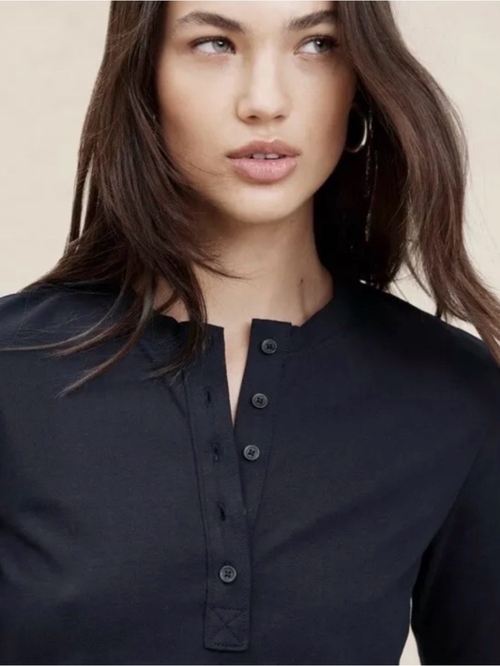 Banana Republic Factory Black Elbow-Sleeve Henley Button-Front Top XS